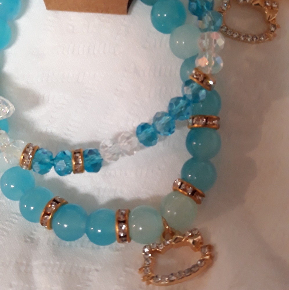 Handmade Hello Kitty 2 pc set matching Blue butterfly bracelet -Blue aqua